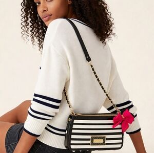 Rare Betsey Johnson Y2K Crossbody Bag Black White Striped Polka Dot Chain Bow